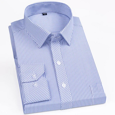 Vyriški klasikiniai dryžuoti languoti marškinėliai ilgomis rankovėmis, su kišenėmis formaliai, standartinio modelio išmanūs kasdieniai biuro marškiniai