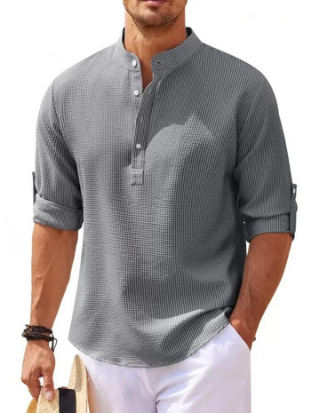 Горещи разпродажби от памучно бельо, мъжки ризи с дълги ръкави, пролет, есен, едноцветна яка с изправена яка, ежедневни плажни стилове, плюс размер S-5XL