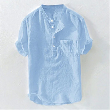 Ανδρικά μακρυμάνικα πουκάμισα από βαμβακερά λινό, καλοκαιρινά μονόχρωμα όρθια γιακά Casual Beach Style Plus Size 2023 Νέο