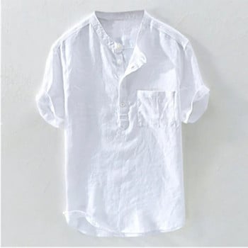 Ανδρικά μακρυμάνικα πουκάμισα από βαμβακερά λινό, καλοκαιρινά μονόχρωμα όρθια γιακά Casual Beach Style Plus Size 2023 Νέο