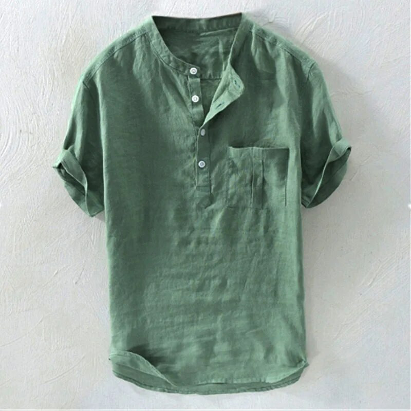 Pamučna lanena vruća rasprodaja, muške košulje dugih rukava, ljetne, jednobojne, samostojeće ovratnike, ležerni stil za plažu, velika veličina, novo 2023.