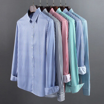 Мъжка риза с леки разтегливи райета с дълъг ръкав без джобове Удобни стандартни ежедневни универсални ризи без гънки