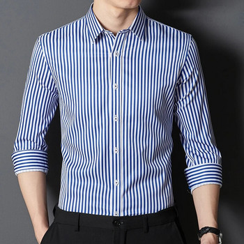 Мъжка риза с леки разтегливи райета с дълъг ръкав без джобове Удобни стандартни ежедневни универсални ризи без гънки