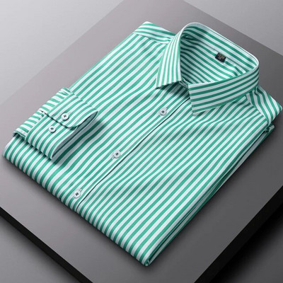 Ανδρικό μακρυμάνικο ελαφρύ ριγέ πουκάμισο χωρίς τσέπη Άνετο κανονική εφαρμογή χωρίς ρυτίδες Casual ευέλικτο πουκάμισο