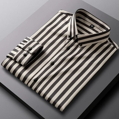 Ανδρικό μακρυμάνικο ελαφρύ ριγέ πουκάμισο χωρίς τσέπη Άνετο κανονική εφαρμογή χωρίς ρυτίδες Casual ευέλικτο πουκάμισο