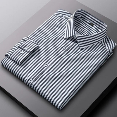 Ανδρικό μακρυμάνικο ελαφρύ ριγέ πουκάμισο χωρίς τσέπη Άνετο κανονική εφαρμογή χωρίς ρυτίδες Casual ευέλικτο πουκάμισο