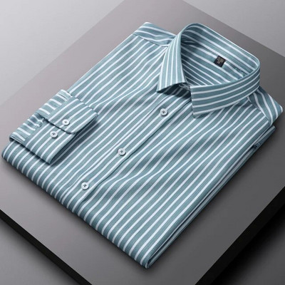 Ανδρικό μακρυμάνικο ελαφρύ ριγέ πουκάμισο χωρίς τσέπη Άνετο κανονική εφαρμογή χωρίς ρυτίδες Casual ευέλικτο πουκάμισο