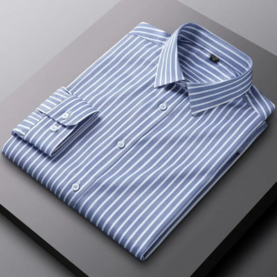 Ανδρικό μακρυμάνικο ελαφρύ ριγέ πουκάμισο χωρίς τσέπη Άνετο κανονική εφαρμογή χωρίς ρυτίδες Casual ευέλικτο πουκάμισο