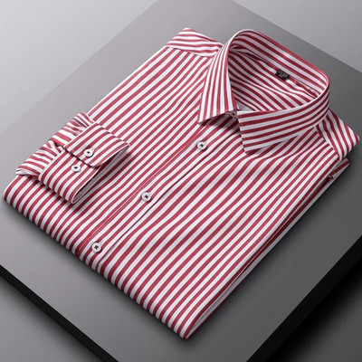 Ανδρικό μακρυμάνικο ελαφρύ ριγέ πουκάμισο χωρίς τσέπη Άνετο κανονική εφαρμογή χωρίς ρυτίδες Casual ευέλικτο πουκάμισο