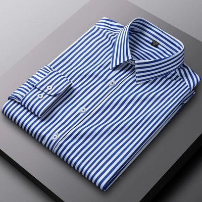 Ανδρικό μακρυμάνικο ελαφρύ ριγέ πουκάμισο χωρίς τσέπη Άνετο κανονική εφαρμογή χωρίς ρυτίδες Casual ευέλικτο πουκάμισο