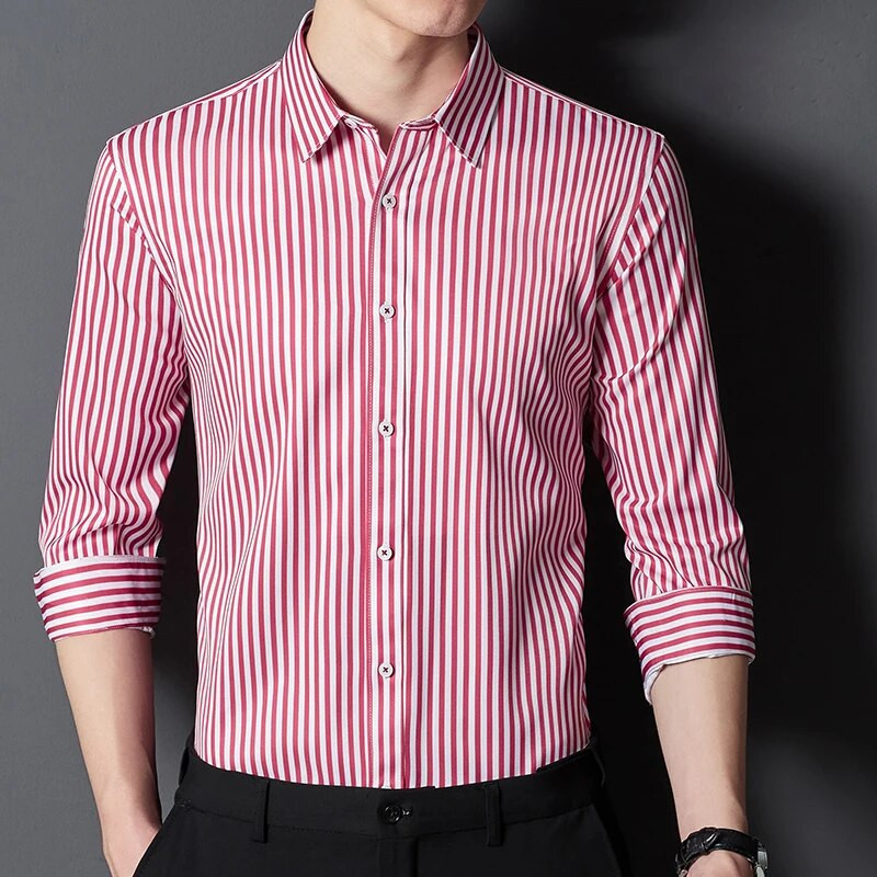 Ανδρικό μακρυμάνικο ελαφρύ ριγέ πουκάμισο χωρίς τσέπη Άνετο κανονική εφαρμογή χωρίς ρυτίδες Casual ευέλικτο πουκάμισο