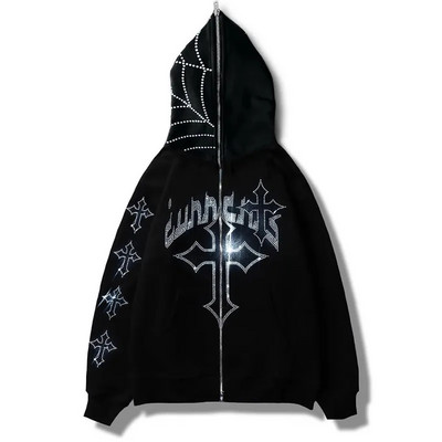 Bărbați Y2K Fashion Hanorac Strass litere grafice Imprimat Zip Hoodie haine Hanorac Goth Hanorac cu mânecă lungă Top supradimensionat