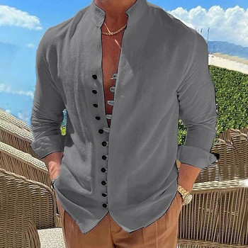 Нови мъжки ретро ежедневни ризи Памучно бельо с дълъг ръкав Улично облекло Копче за ревер Едноцветна риза за мъже Ваканционна блуза Топ