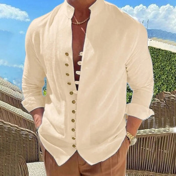 Нови мъжки ретро ежедневни ризи Памучно бельо с дълъг ръкав Улично облекло Копче за ревер Едноцветна риза за мъже Ваканционна блуза Топ