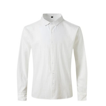 100% памучно бельо НОВИ Мъжки ризи с дълги ръкави Едноцветна отложна яка Ежедневен стил Плюс размер Пролет и есен