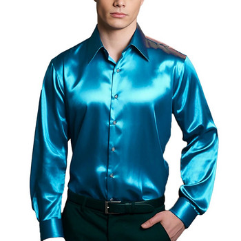 Секси мъжки сатенени копринени ризи и блузи Едноцветни тънки парти ризи с дълъг ръкав Мъжко облекло