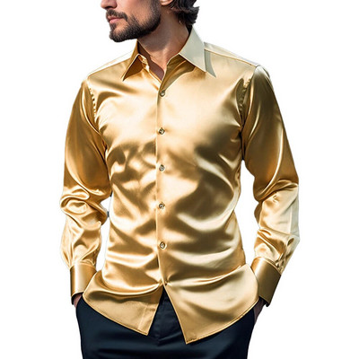 Секси мъжки сатенени копринени ризи и блузи Едноцветни тънки парти ризи с дълъг ръкав Мъжко облекло