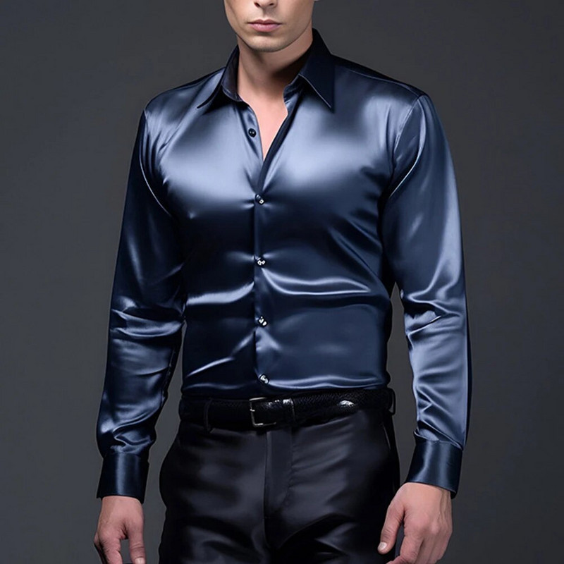 Σέξι ανδρικά σατέν μεταξωτά πουκάμισα και μπλούζες μονόχρωμη λεπτή εφαρμογή για πάρτι μακρυμάνικο κοινωνικό πουκάμισο Ανδρικά ρούχα