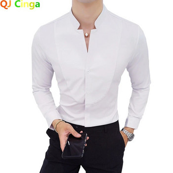 Черни мъжки еластични ризи с дълъг ръкав/мъжка висококачествена риза с яка и чиста прилепнала бизнес риза Червена бяла мъжка риза Camisa