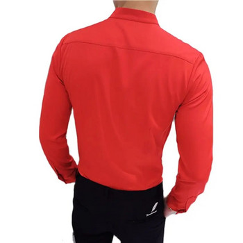 Черни мъжки еластични ризи с дълъг ръкав/мъжка висококачествена риза с яка и чиста прилепнала бизнес риза Червена бяла мъжка риза Camisa