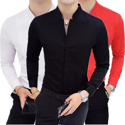 Melni vīriešu elastīgi krekli ar garām piedurknēm/Vīriešu augstas kvalitātes apkakles apkakle Pure Slim Fit biznesa krekls Sarkans balts Camisa Man Chemise