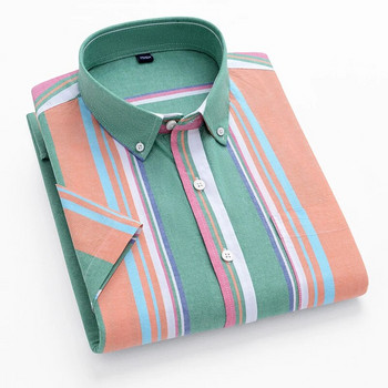 Нова мъжка раирана модна риза с къс ръкав, 100% памук, оксфордско каре, бизнес риза с копчета, стандартна кройка, мъжко облекло