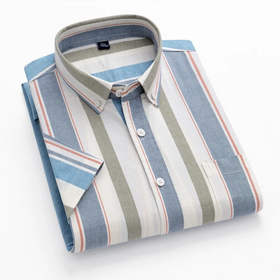 Нова мъжка раирана модна риза с къс ръкав, 100% памук, оксфордско каре, бизнес риза с копчета, стандартна кройка, мъжко облекло