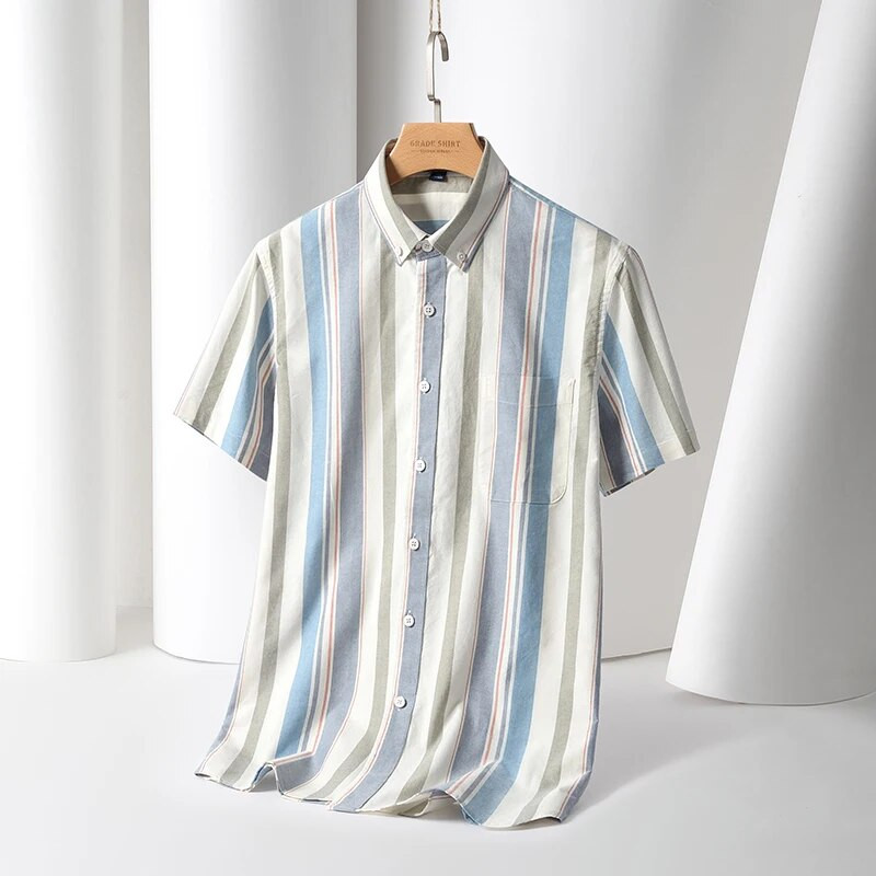 Νέο ανδρικό ριγέ κοντό μανίκι 100% βαμβάκι Oxford καρό επαγγελματικό κουμπιά κανονική εφαρμογή Ανδρικά ρούχα γραφείου