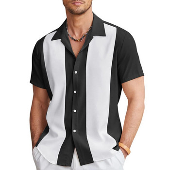 Мъжка ежедневна винтидж риза за боулинг Хавайска широка риза с копчета с къс ръкав Плажна щампована обикновена тениска с копчета