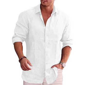 Памучно ленено есенно горещо продавана мъжка риза с дълъг ръкав Едноцветен ежедневен стил Плюс размер Мъжка ежедневна ленена риза