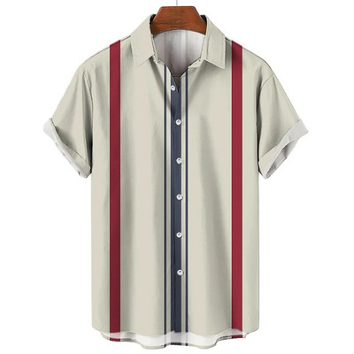 Ανδρικό πουκάμισο χαβανέζικης καλοκαιρινής ρίγες με στάμπα με κοντό μανίκι μπλουζάκια Μόδα καθημερινά κοινωνικά πουκάμισα με πέτο Ανδρικά ρούχα μεγάλου μεγέθους