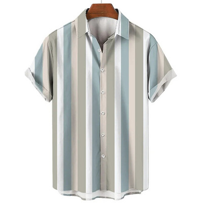 Ανδρικό πουκάμισο χαβανέζικης καλοκαιρινής ρίγες με στάμπα με κοντό μανίκι μπλουζάκια Μόδα καθημερινά κοινωνικά πουκάμισα με πέτο Ανδρικά ρούχα μεγάλου μεγέθους