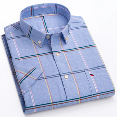 Мъжка лятна ежедневна риза с къс ръкав, 100% памук, тънка оксфордска риза, стандартен джоб с копчета, карирани ризи на райе