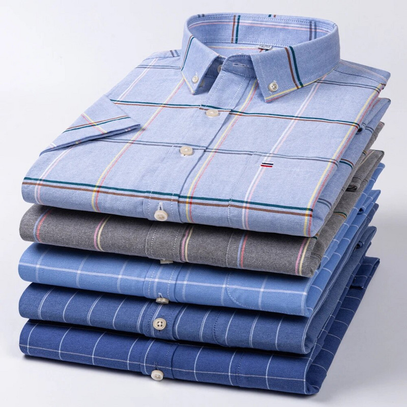 Muška ljetna ležerna košulja kratkih rukava, 100% pamuk, tanka Oxford košulja s jednim džepom i standardnim krojem, karirane prugaste košulje na dolje