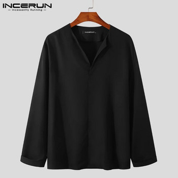 INCERUN Fashion Ανδρικό πουκάμισο 2023 V λαιμόκοψη μακρυμάνικο επώνυμα Casual Ανδρικά ρούχα Streetwear Μονόχρωμα Leisure Camisa Masculina 3XL