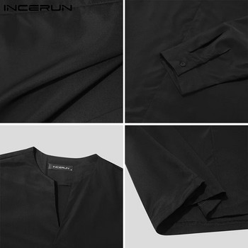 INCERUN Fashion Ανδρικό πουκάμισο 2023 V λαιμόκοψη μακρυμάνικο επώνυμα Casual Ανδρικά ρούχα Streetwear Μονόχρωμα Leisure Camisa Masculina 3XL