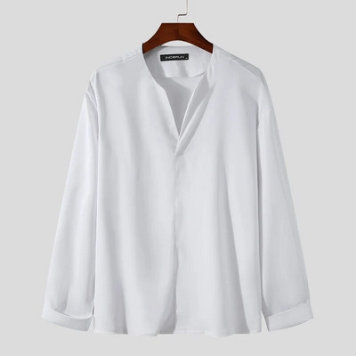 INCERUN Madingi vyriški marškiniai 2023 V kaklo ilgomis rankovėmis Gamintojas Kasdieniai Vyriški Drabužiai Gatvės drabužiai Vienspalviai Laisvalaikis Camisa Masculina 3XL