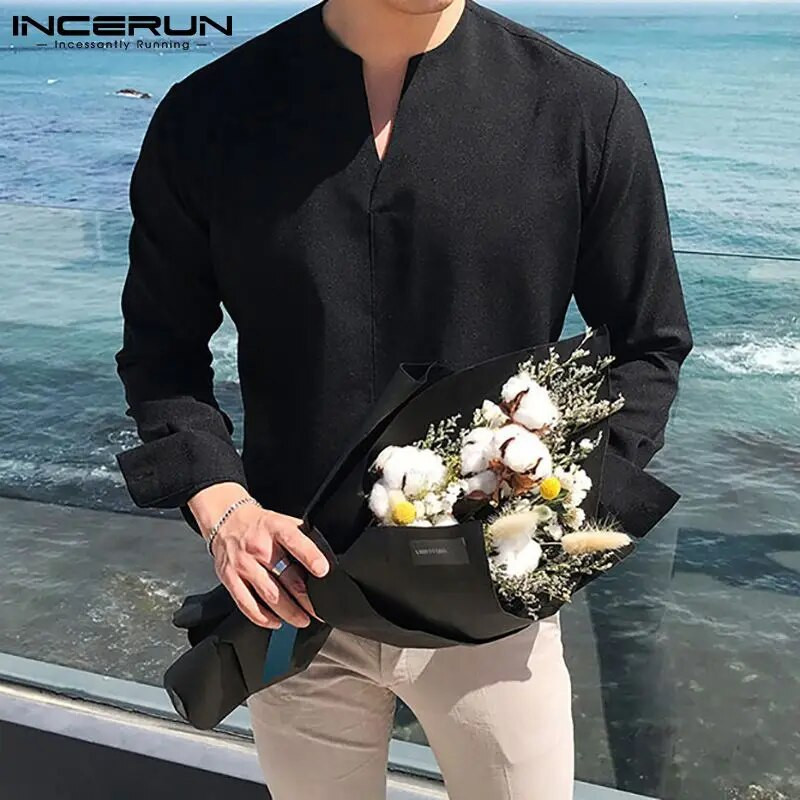 INCERUN Madingi vyriški marškiniai 2023 V kaklo ilgomis rankovėmis Gamintojas Kasdieniai Vyriški Drabužiai Gatvės drabužiai Vienspalviai Laisvalaikis Camisa Masculina 3XL