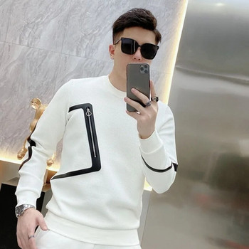 Мъжко облекло Бял пуловер Горни суичъри за мъже Без качулка Slim Fit Splicing Добре дошла сделка Xxl Обикновено висококачествено топло емо
