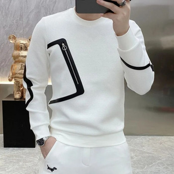 Мъжко облекло Бял пуловер Горни суичъри за мъже Без качулка Slim Fit Splicing Добре дошла сделка Xxl Обикновено висококачествено топло емо