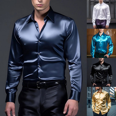 Мъжки ежедневни сатенени копринени ризи, едноредна рокля с копчета и яка с ревери, тънка риза, модни парти горнища с дълъг ръкав, дрехи