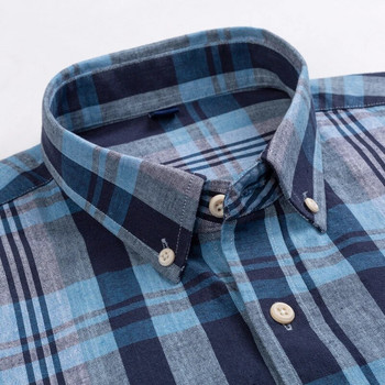 Мъжка ежедневна карирана ленена памучна риза с копчета с един джоб Удобни меки карирани ризи с дълъг ръкав