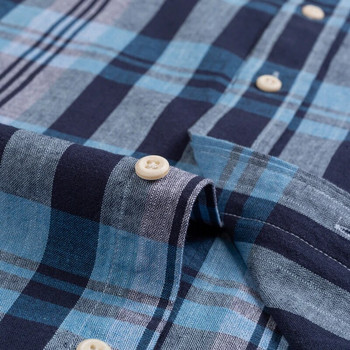 Мъжка ежедневна карирана ленена памучна риза с копчета с един джоб Удобни меки карирани ризи с дълъг ръкав