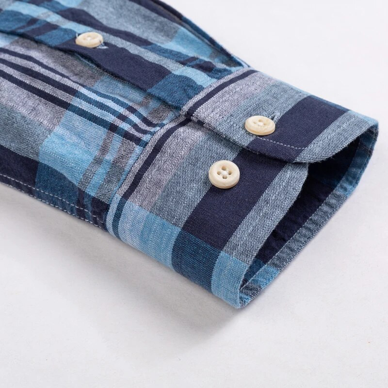 Vyriški laisvalaikio languoti dryžuoti lininiai medvilniniai marškiniai su viena kišene, patogūs, minkšti, ilgomis rankovėmis, standartinio pritaikymo languoti marškiniai