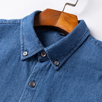 Мъжка 100% памучна дънкова риза с джоб с дълъг ръкав Стандартна кройка Удобна издръжливост Меки ежедневни изпрани издръжливи работни ризи
