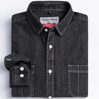 Meeste 100% puuvillane Western Denim taskusärk, pikkade varrukatega, standardse sobivusega mugavus Vastupidavus pehme vabaaja pestud vastupidavus töösärgid