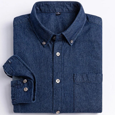 Meeste 100% puuvillane Western Denim taskusärk, pikkade varrukatega, standardse sobivusega mugavus Vastupidavus pehme vabaaja pestud vastupidavus töösärgid