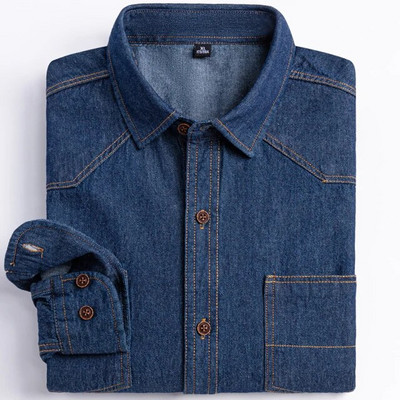 Meeste 100% puuvillane Western Denim taskusärk, pikkade varrukatega, standardse sobivusega mugavus Vastupidavus pehme vabaaja pestud vastupidavus töösärgid