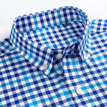 Мъжка модна карирана памучна риза с къс ръкав, една кръпка, джоб и яка с копчета, празнични, младежки, ежедневни ризи с гингам