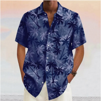 Καλοκαιρινό ανδρικό πουκάμισο Μπλε μπλουζάκι με κοντό μανίκι με δέντρο καρύδας Πουκάμισο με στάμπα με πέτο για άνδρες Μόδα Ρούχα μπλούζας παραλίας